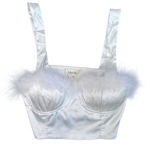 Meraki White Satin Feather Trim Corset Crop Top MT7184323XMK Womens XS